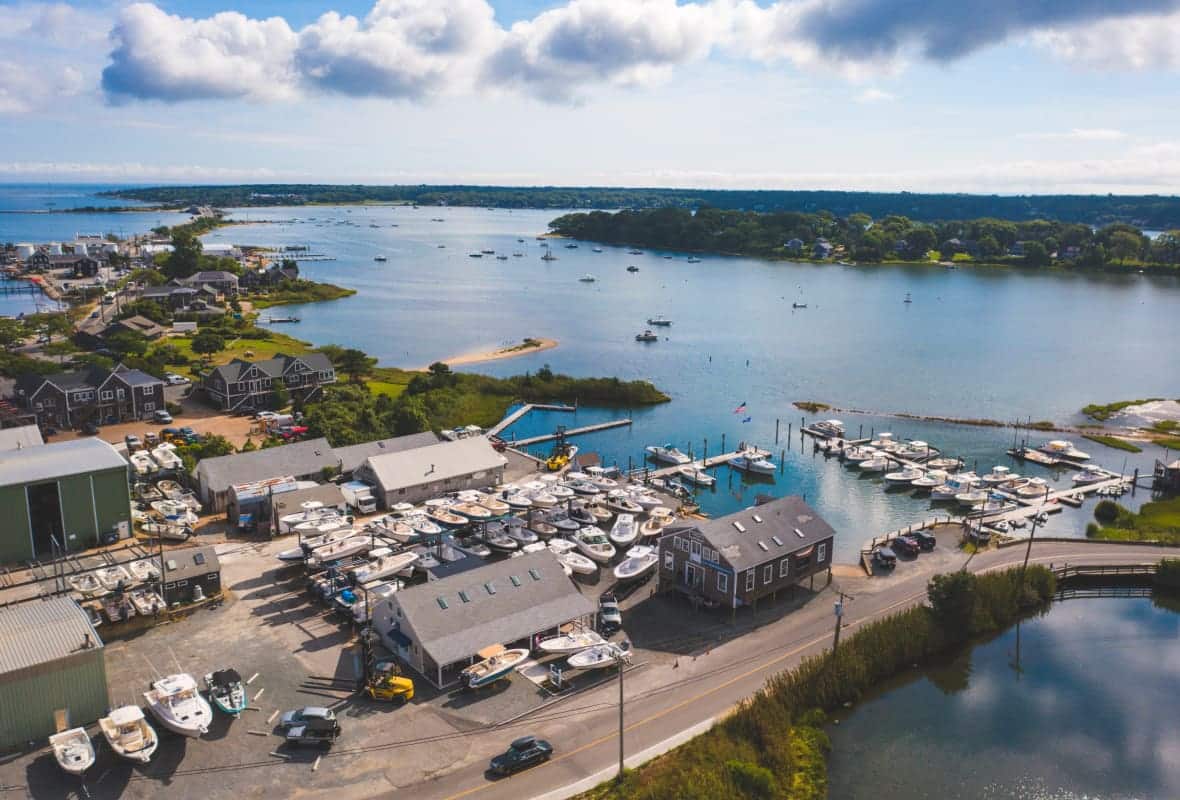 aerial view of a marina on a sunny day