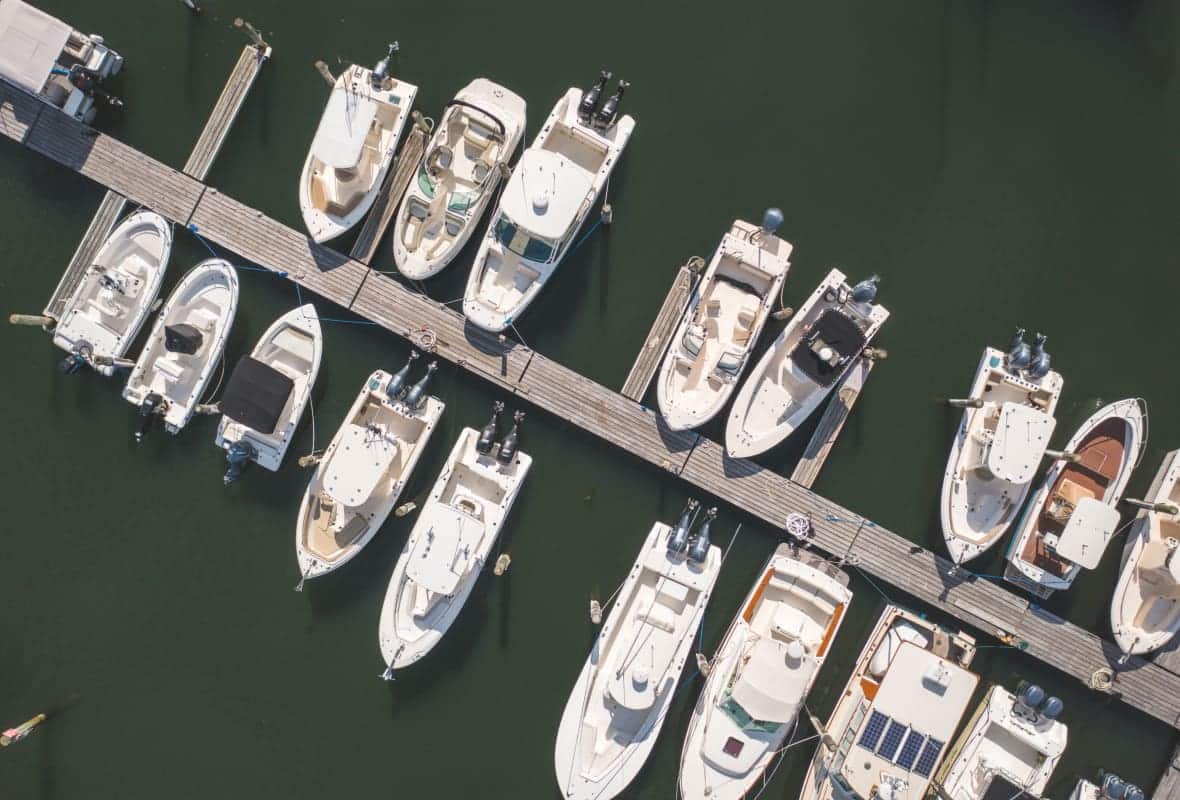 aerial view of boats docked in a harbor