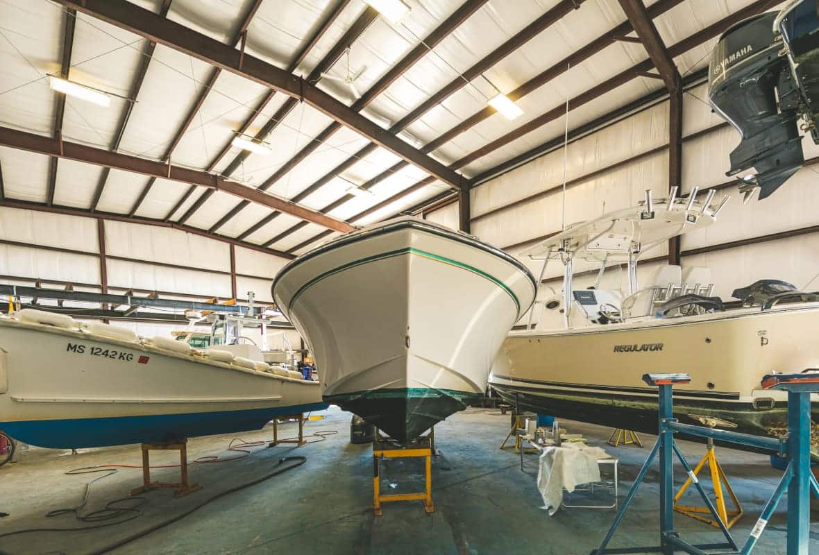 boats stored inside a warehourse