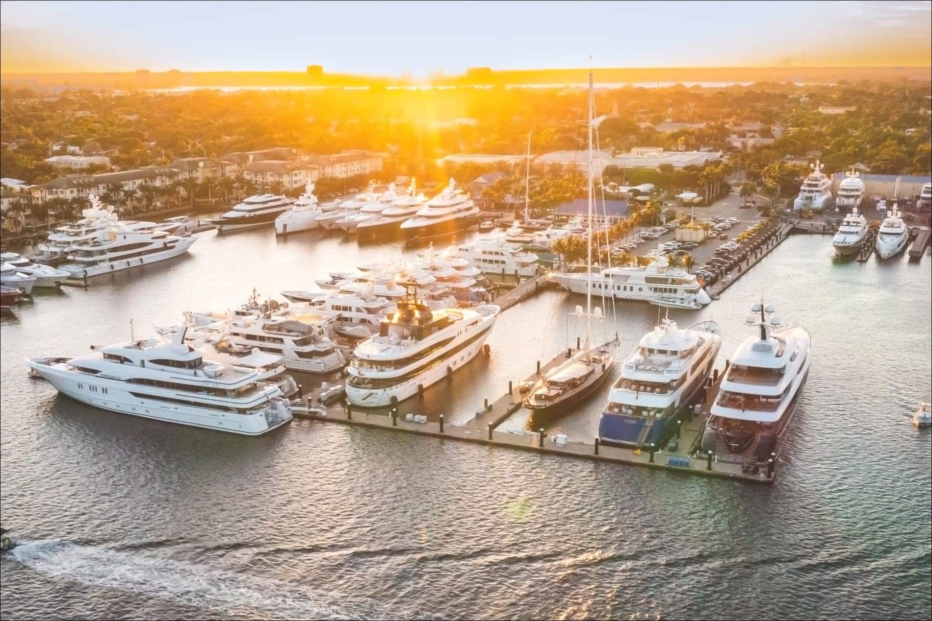 aerial view of safe harbor rybovich at sunset