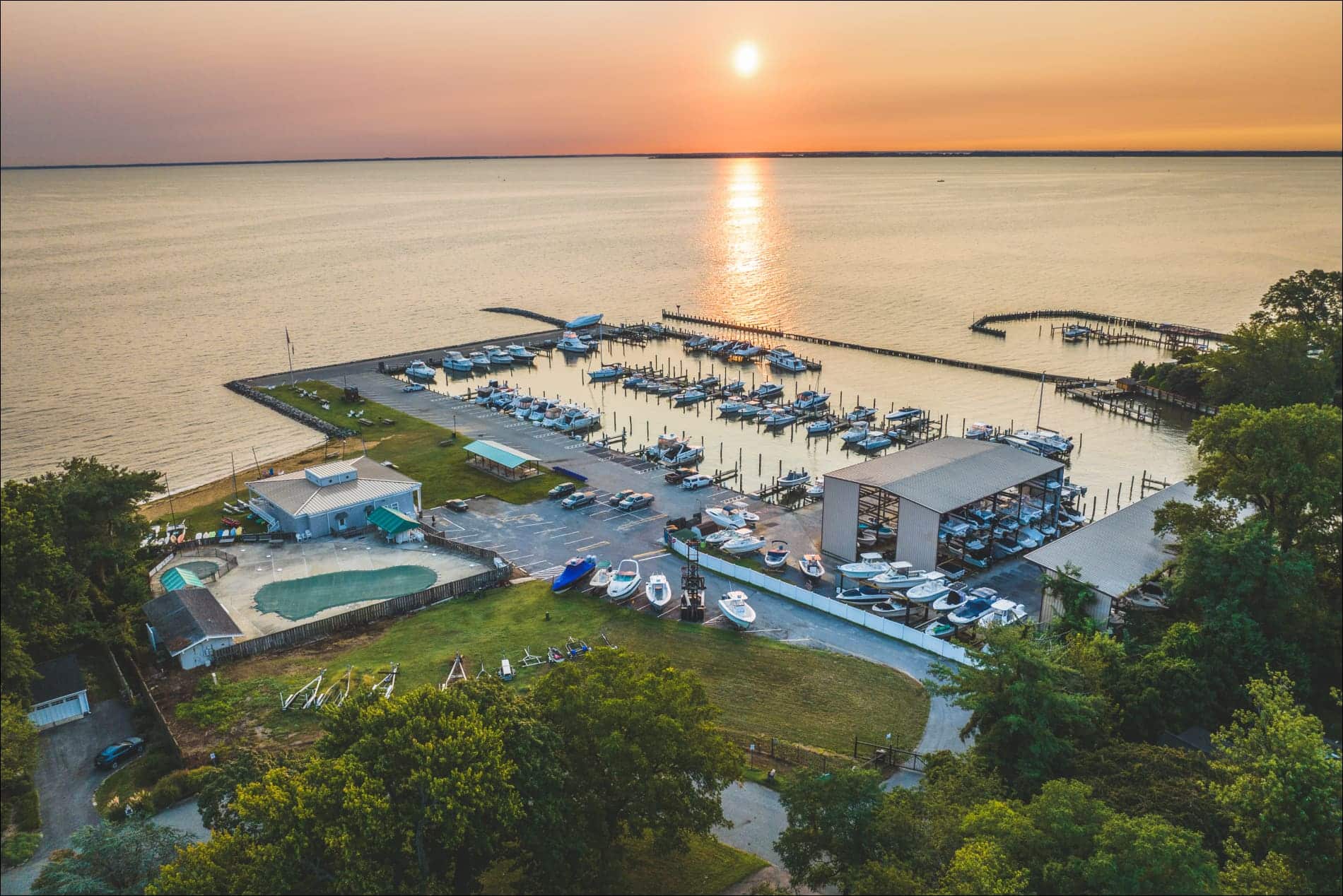 aerial view of marina at sunset
