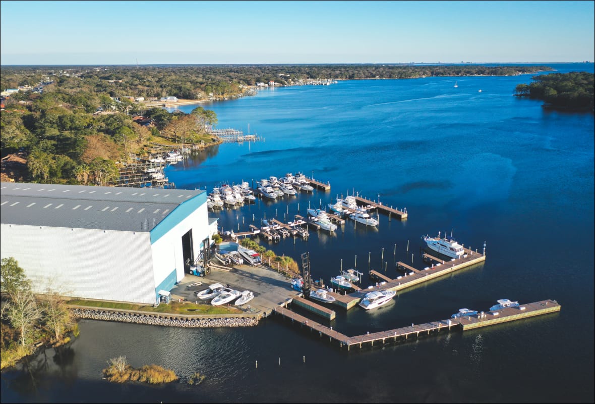 aerial view of marina on water