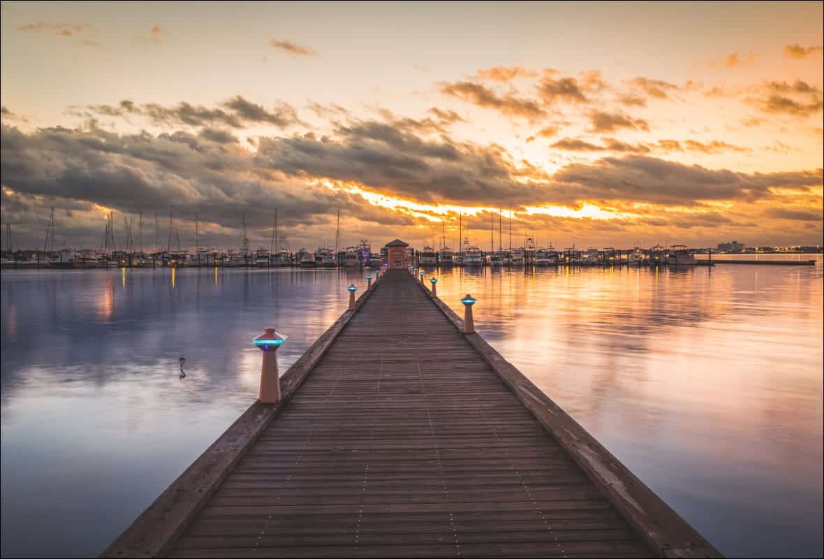 long boardwalk and sunset