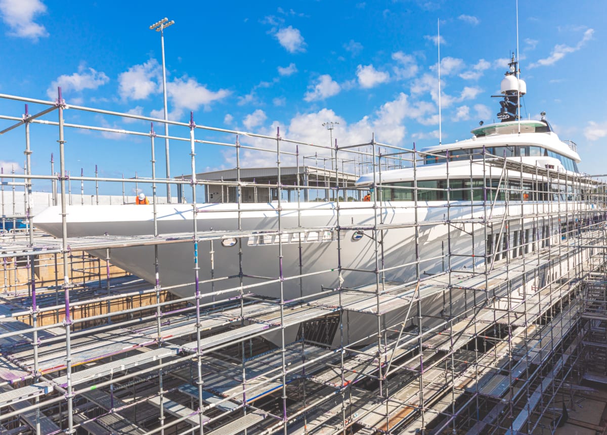 scaffolding next to a yacht being worked on