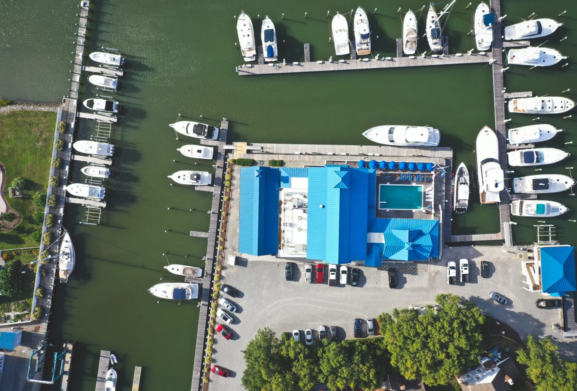 aerial view of boats docked in a marina