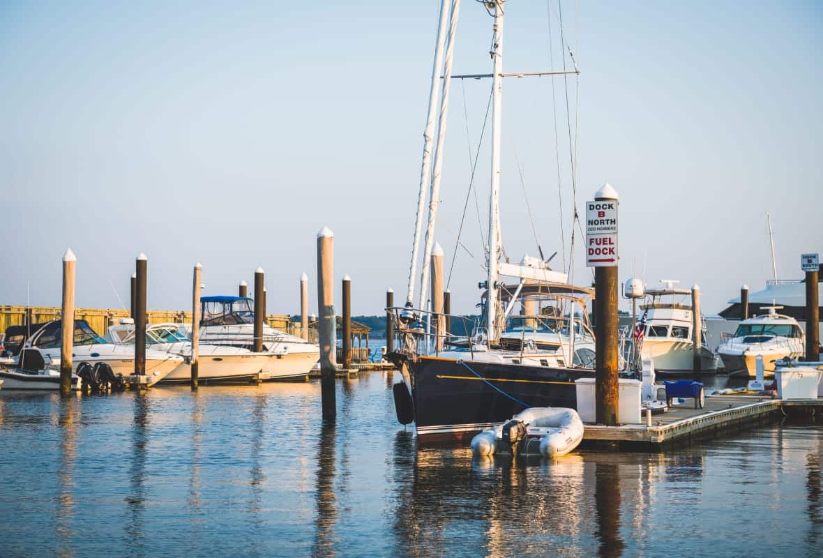 On the water shot with boats docked