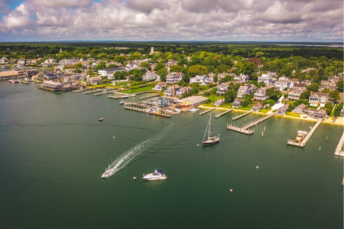 Aerial view on marina area with boats in the water