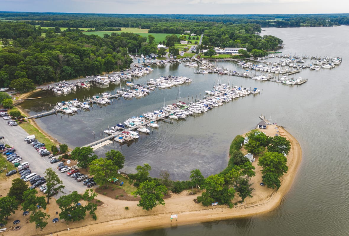 Aerial view of marina with small peninsula
