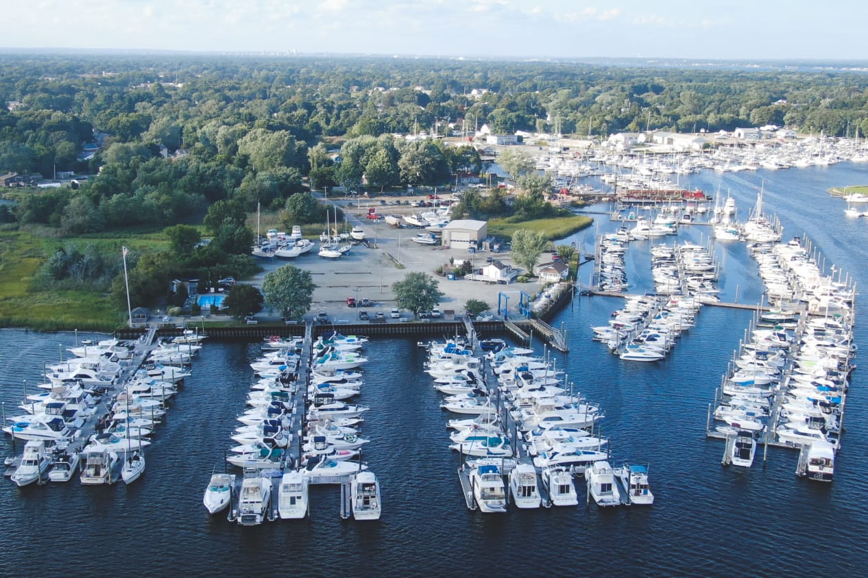 aerial view of marina with rows of docked boats and lots of trees in the background