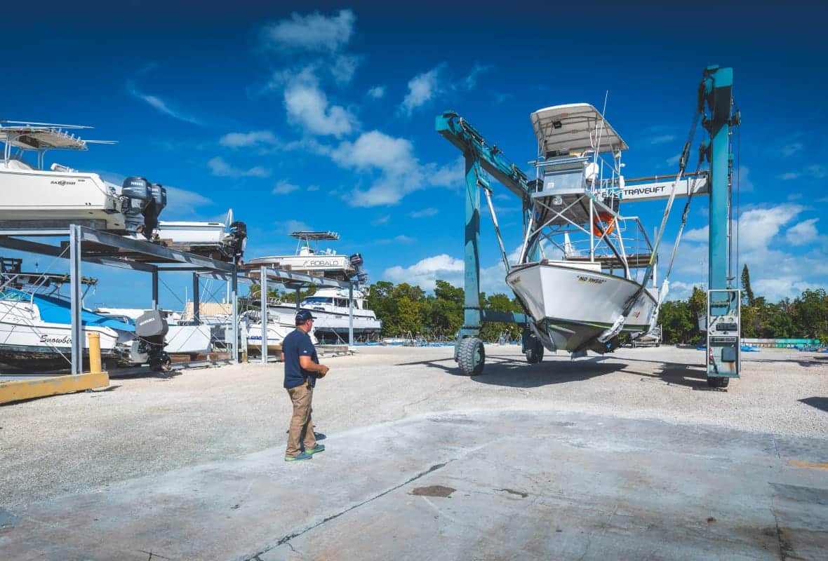 fishing boat in a boat lift