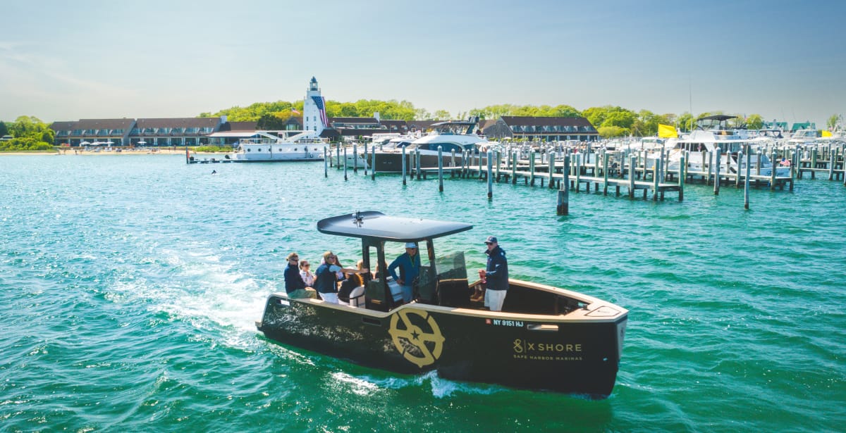 boat on the water outside the montauk yacht club