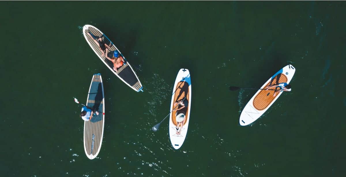 4 people paddle boarding