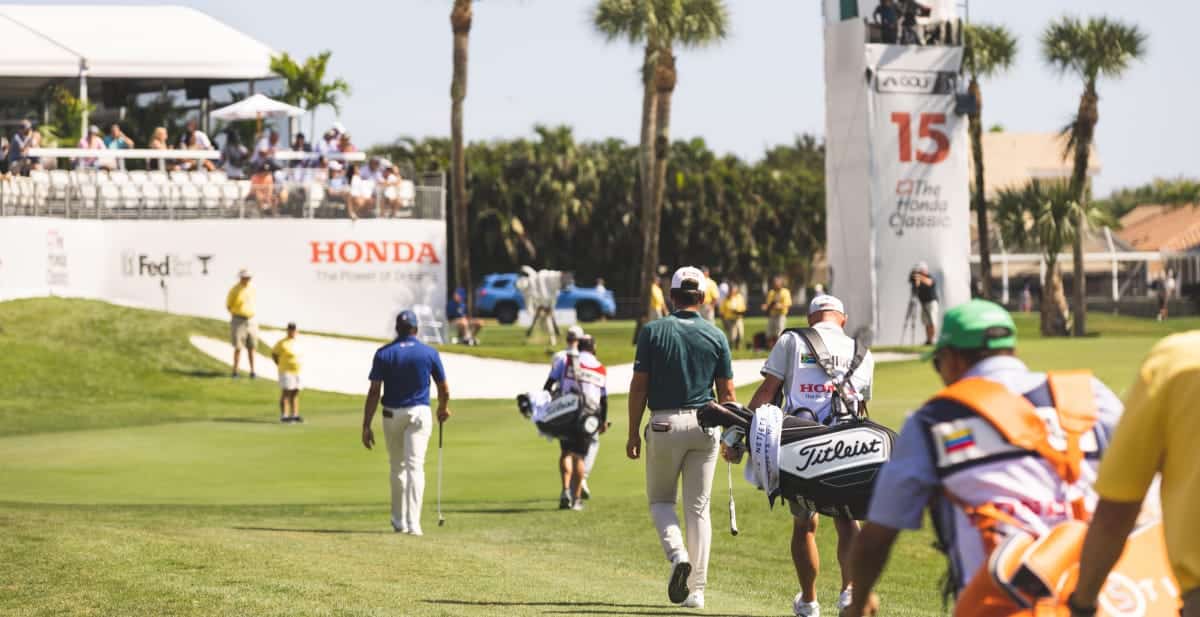 professional golfers walking on a golf course