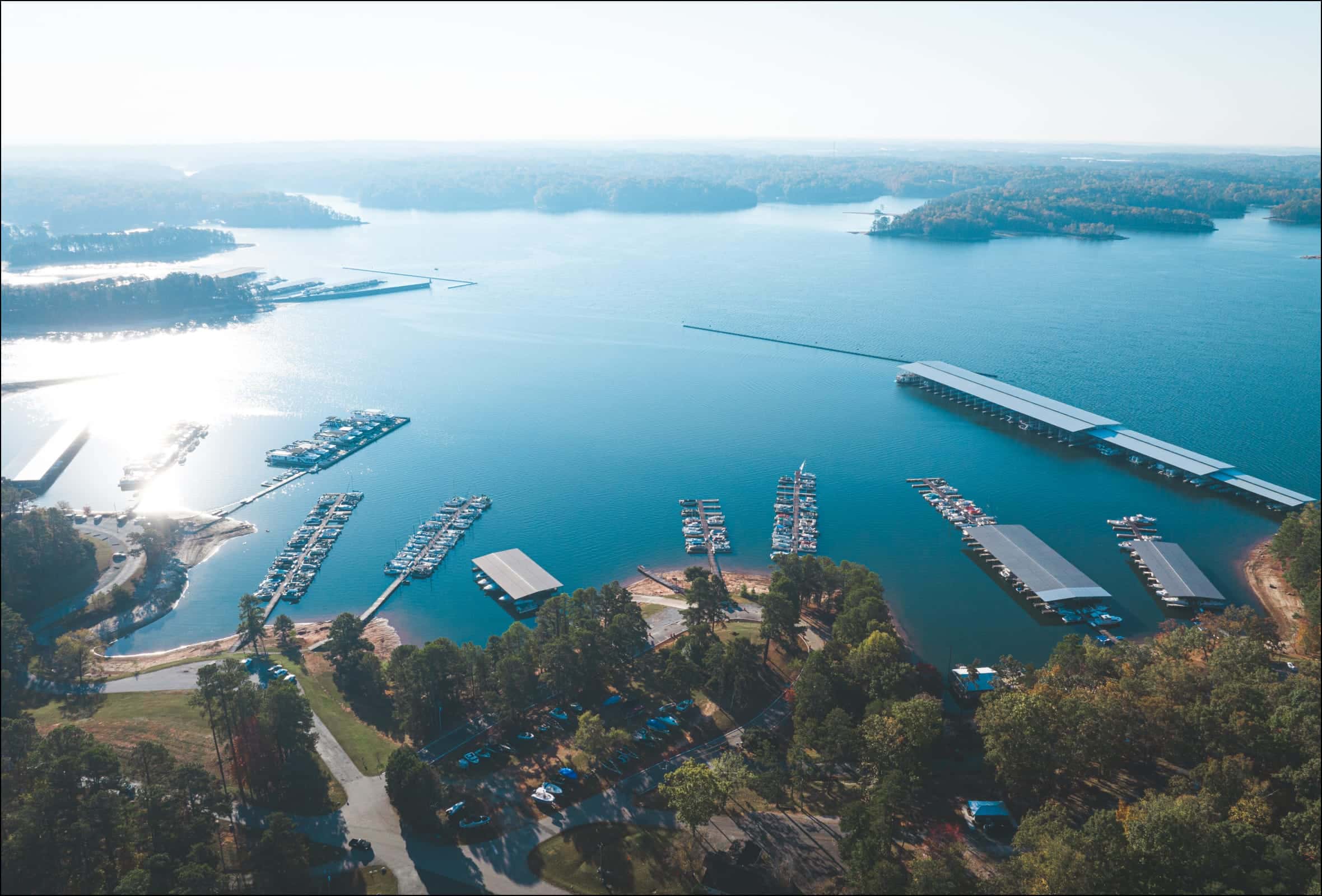 aerial view of lake on sunny day